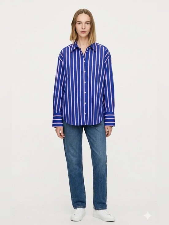 Zara Tops - Zara Striped Poplin Button-Down Blouse Oversize SizeXS Blue Pink & white ptp 23"